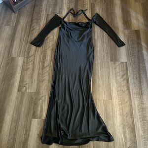 Oh Polly Black Satin Off-Shoulder Maxi Dress